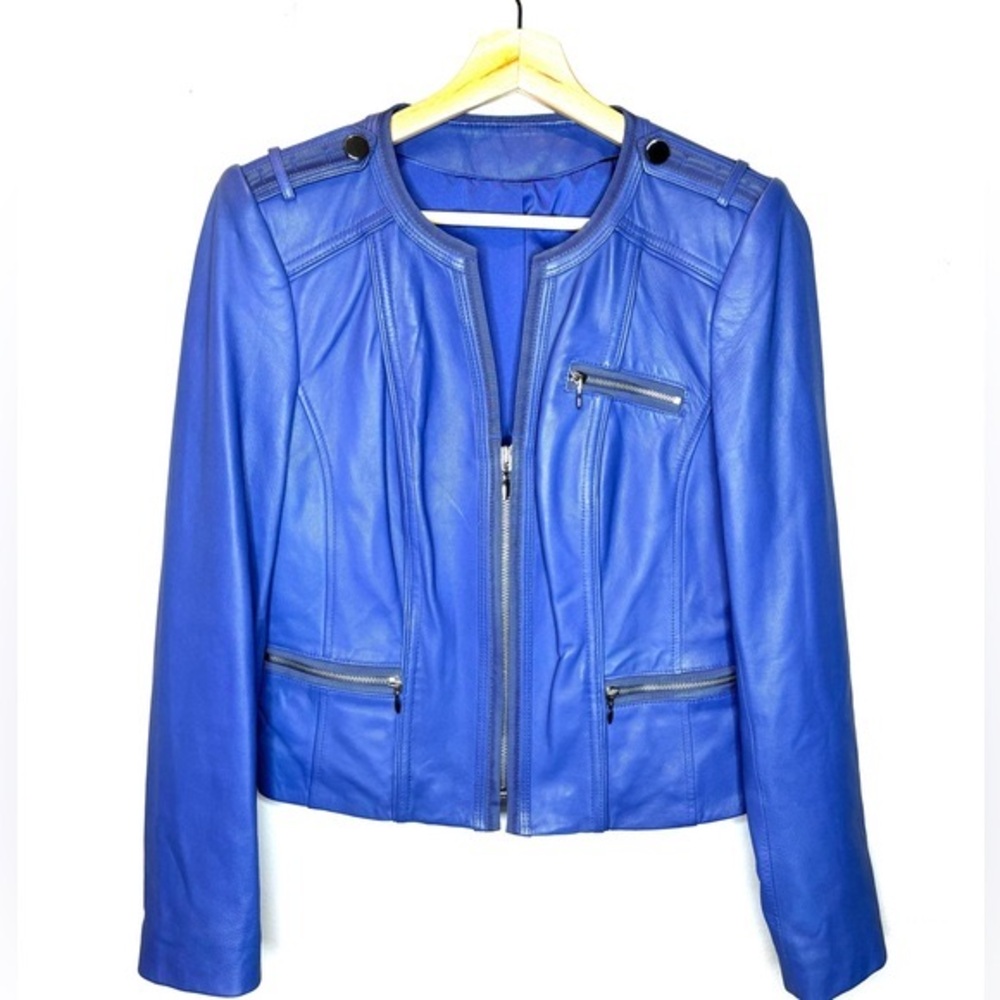 WHBM White House Black Market Leather blue jacket